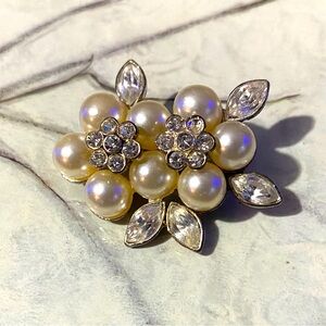 White Faux Pearl with Crystal Pin Brooch
